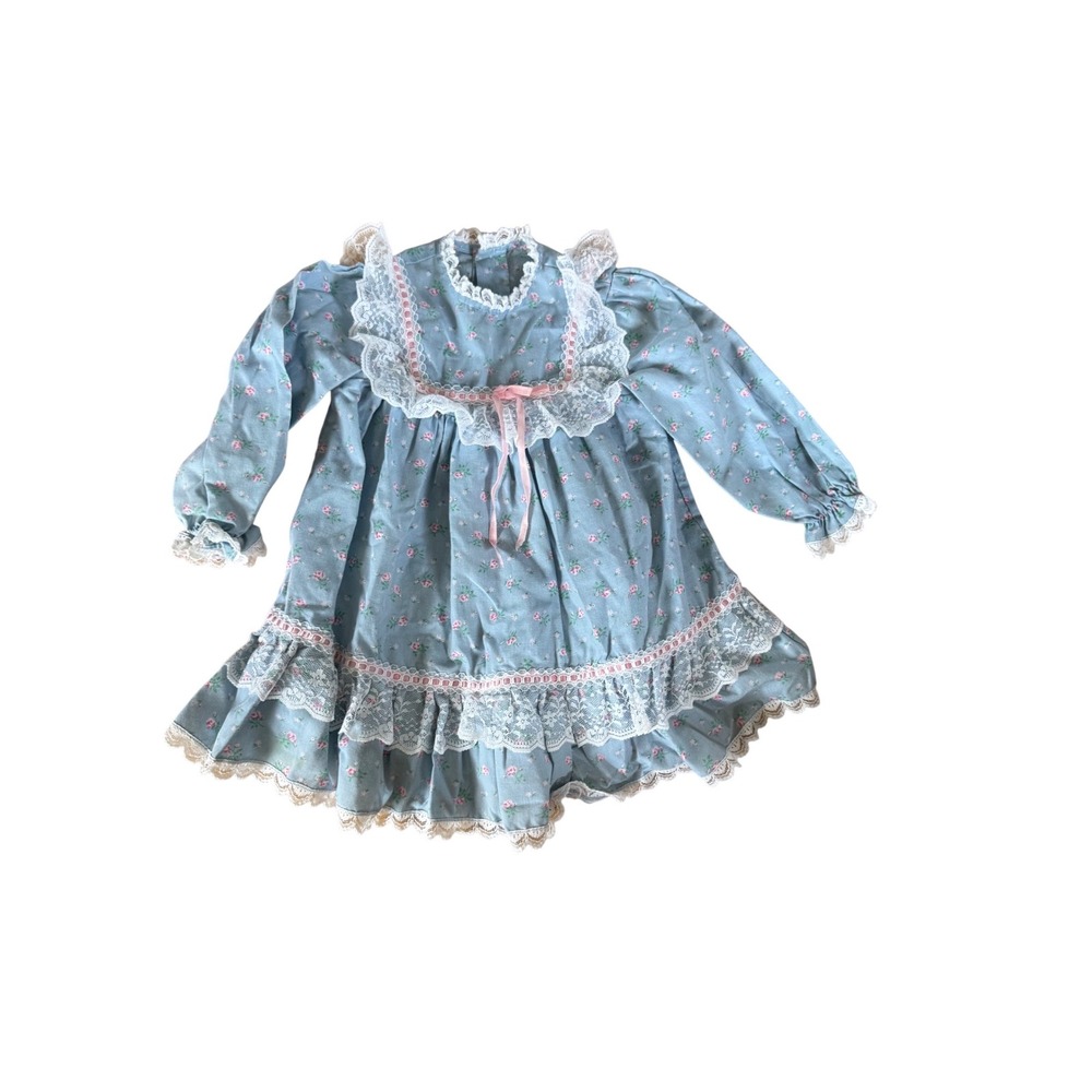Vintage Girls Blue Floral Prairie Dress Lace Ruffle Ribbon Cottagecore 18" L